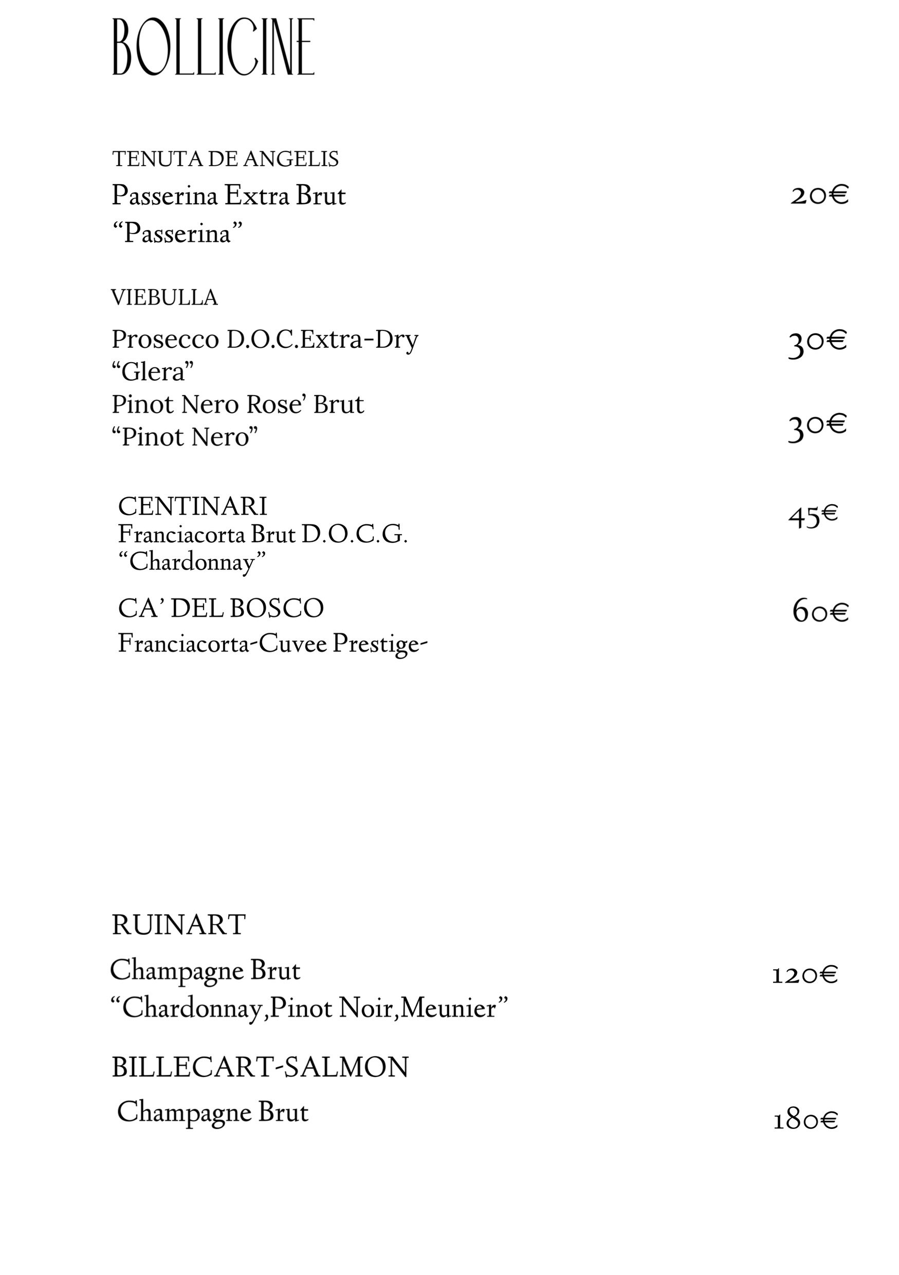 Carta dei vini Citto, sezione centrale